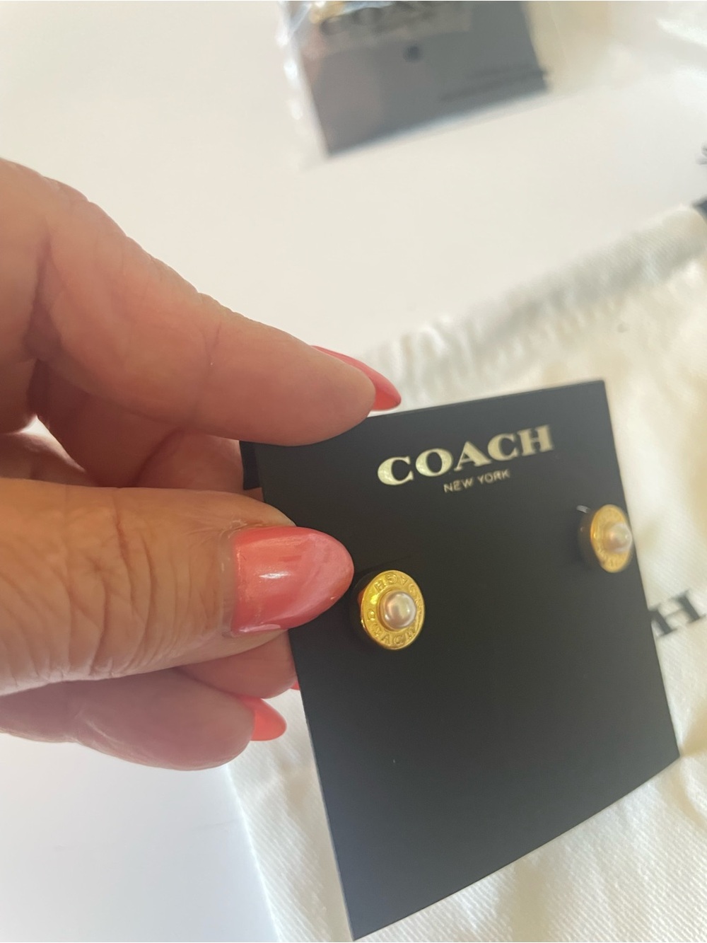 COACH Gold-Tone Pearl Center Stud Earrings - Picture 2 of 5